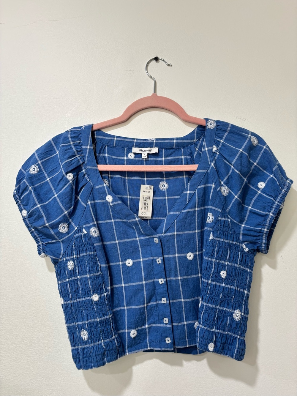 Madewell Blue Plaid Button-Front Crop Shirt with White Embroidery